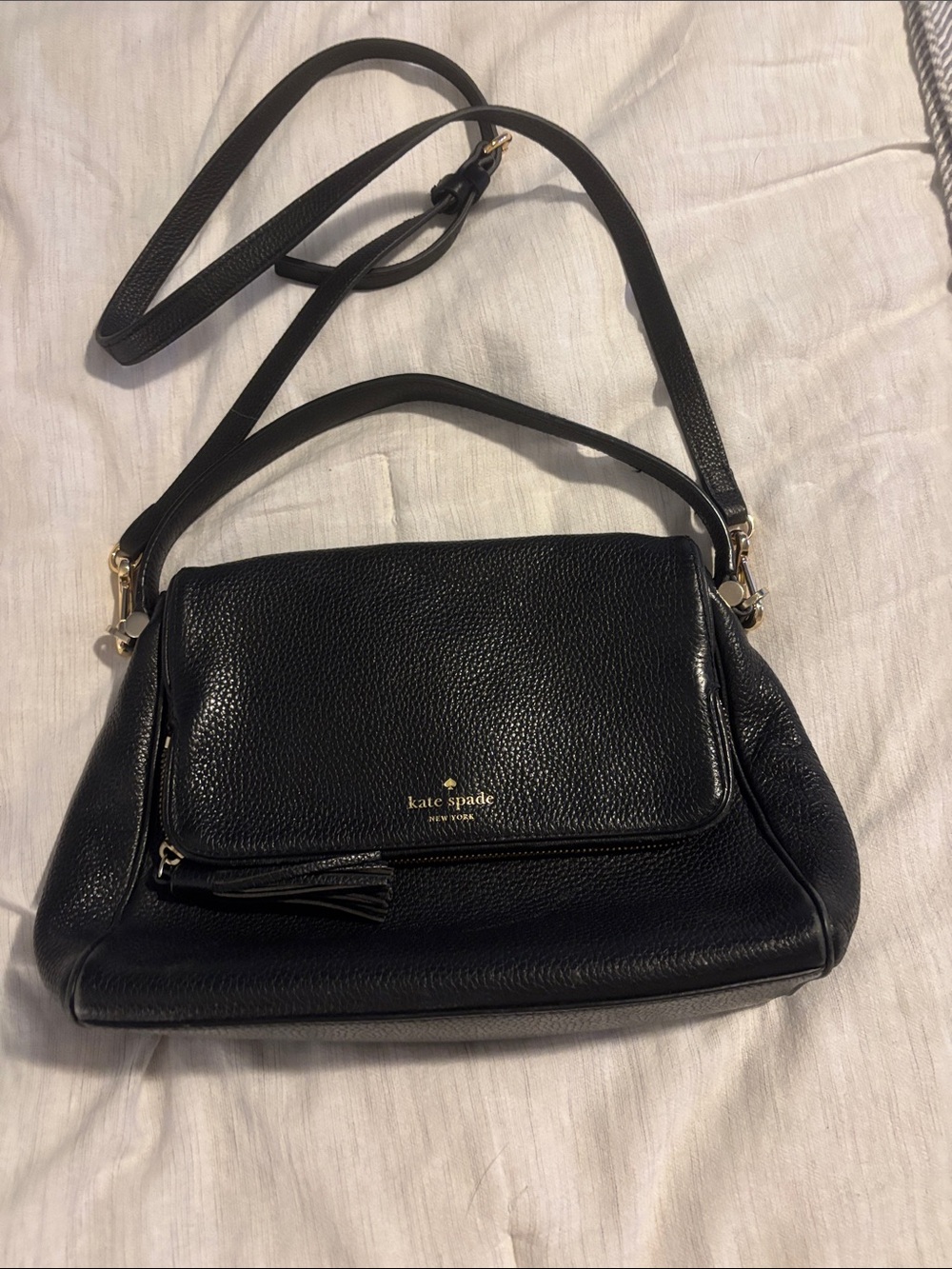 kate spade Black Pebbled Leather Shoulder Bag with Tassel